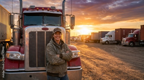 Confident truck driver posing next to a red truck during sunset in a freight yard filled with containers and trailers