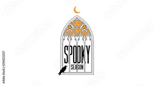 Halloween birdcage illustration with spooky lettering and autumnal decorative elements