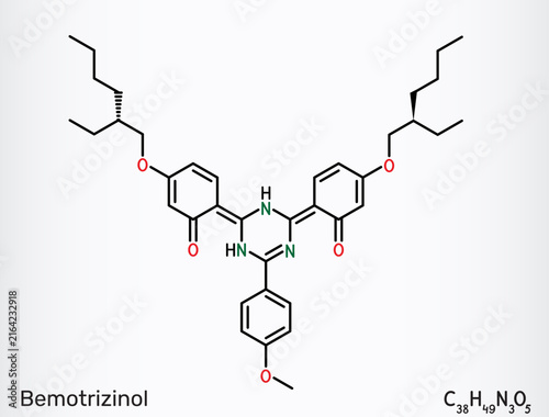 Bemotrizinol molecule. UV filter for sunscreen protection, photostability and broad-spectrum UV screening. Skeletal chemical formula