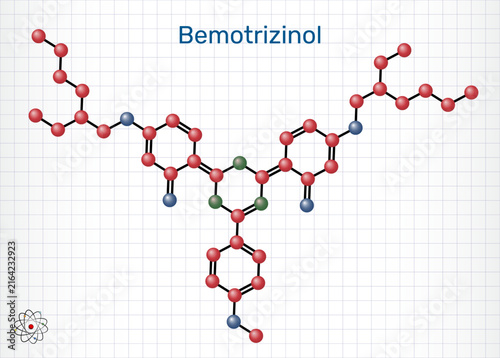 Bemotrizinol molecule. UV filter for sunscreen protection, photostability and broad-spectrum UV screening. Sheet of paper in a cage. Molecular model