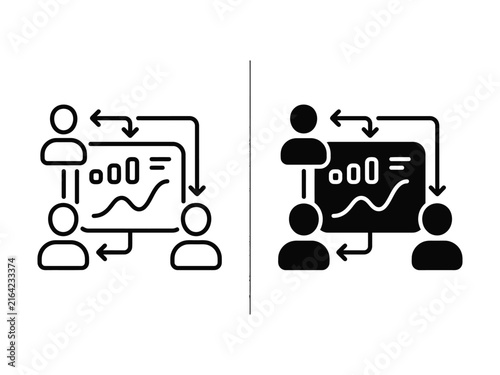 Business team workflow with people and analytics chart outline and filled icon for collaboration management strategy and data