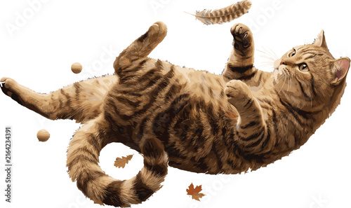 Playful Tabby Cat Illustration Featuring Jumping Feline, Raised Paw, Floating Leaves and Dynamic Autumn Wildlife Vector Design