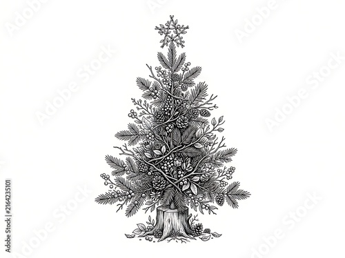 Vintage Engraved Christmas Tree Illustration on White Background