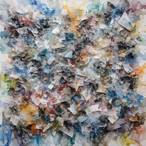 Abstract intricate watercolor mixed media texture background with dense torn paper mosaic collage and colorful paint splatters