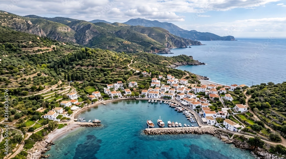 Fototapeta premium Mediterranean Coast Rural Harbor Hills Drone Landscape in Post Rain