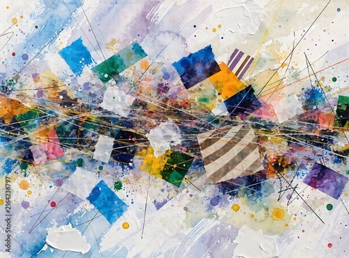 colorful abstract mixed media watercolor texture background with geometric collage squares and paint splatters