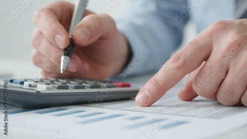 A businessman calculates financial data using a calculator and pen on a report. Professional accounting and budget analysis for business growth concepts.
