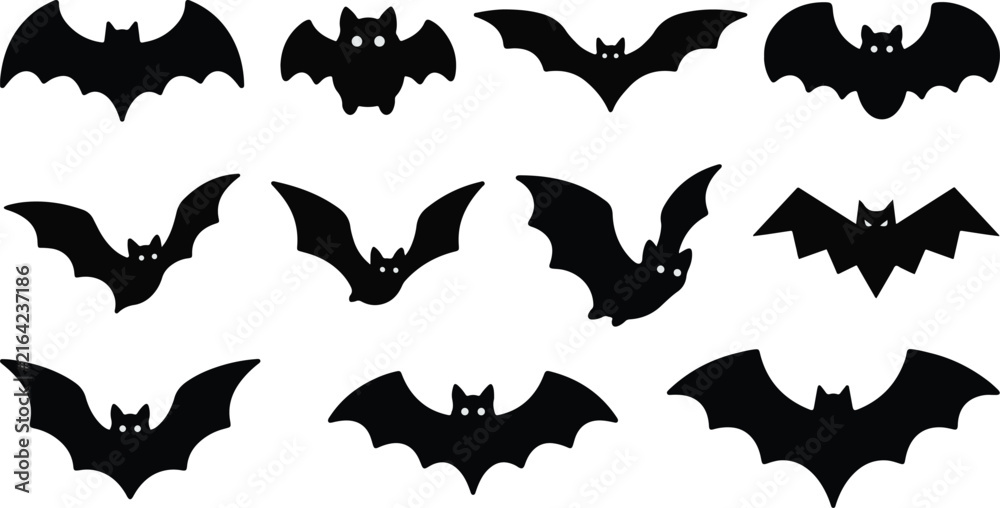 Fototapeta premium Black Bat Silhouette Collection, Flying Halloween Bats Isolated on White Background