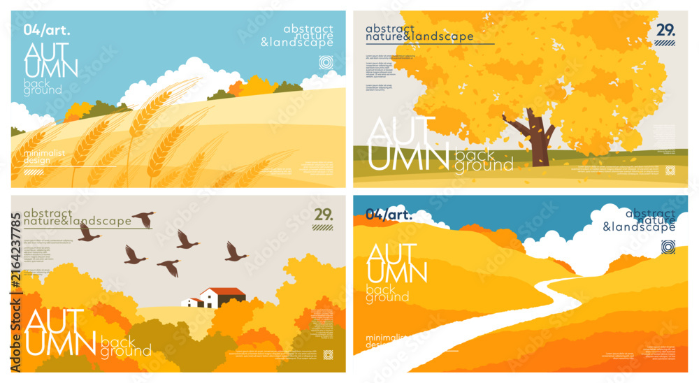 Obraz premium Set of landscape horizontal autumn backgrounds with trees and flying ducks, meadow and road, yellow tree, hill and ears of wheat. Simple fall design for cover, poster, banner, flyer, wallpaper