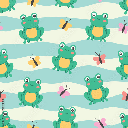 Seamless striped pattern with cute frogs and butterflies