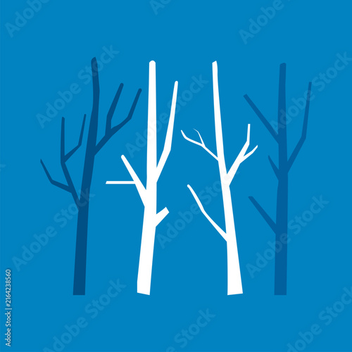 Bild auf Leinwand Set of leafless bare trees in white and blue tones on a blue background, ideal for winter, forest, seasonal, and cold weather design themes