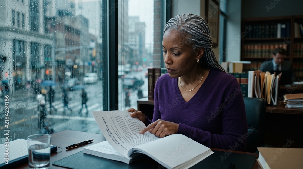 Fototapeta premium Senior African American woman lawyer reviewing case documents in office.