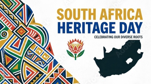 South africa heritage day colorful geometric pattern with national flower and map
