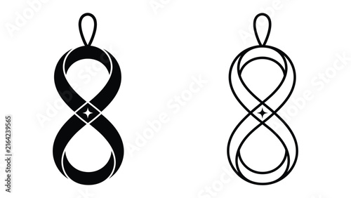 Infinity Symbol Designs: Two stylized infinity symbols, one solid black and one outlined, feature a central diamond shape with a starburst. This elegant design represents endlessness and potential.