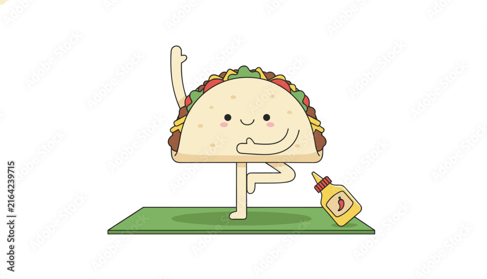 Fototapeta premium Cute cartoon taco character performs a peaceful yoga tree pose on a green mat next to a spicy hot sauce bottle.