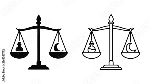 Obraz na płótnie Balance Scales: An illustration depicts two sets of balance scales, one in black silhouette and the other as a line drawing
