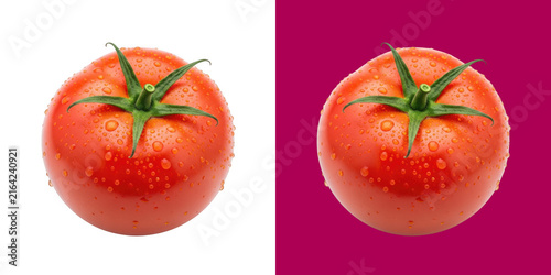Fresh red tomato with green stem and water droplets on skin transparent png