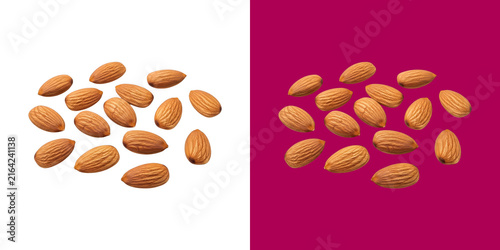 Fresh organic almonds nuts scattered on a simple flat surface top view transparent png