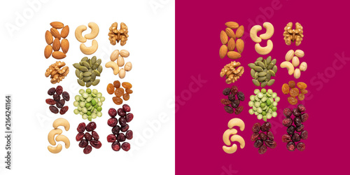 Healthy assorted dry nuts and seeds flat lay view on two colors transparent png