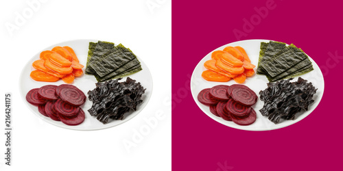 Fresh sliced carrots beetroot seaweed snacks on a white plate transparent png