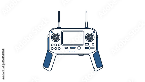 Modern drone remote controller device with a screen and antennas for piloting unmanned aerial vehicles in professional operations.
