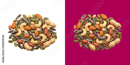 Healthy mix of assorted raw nuts and seeds on two different color backgrounds transparent png