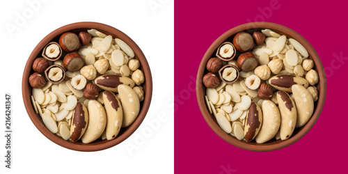 Healthy mix of assorted raw nuts in a ceramic brown bowl overhead view transparent png