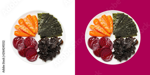Healthy raw vegetable slices and nori on a round white plate transparent png