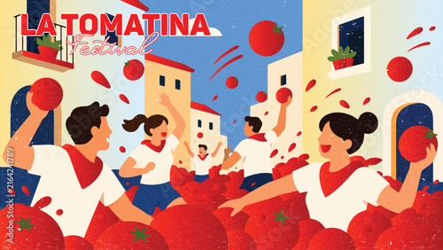 La Tomatina festival street scene with people throwing tomatoes, colorful flat vector illustration