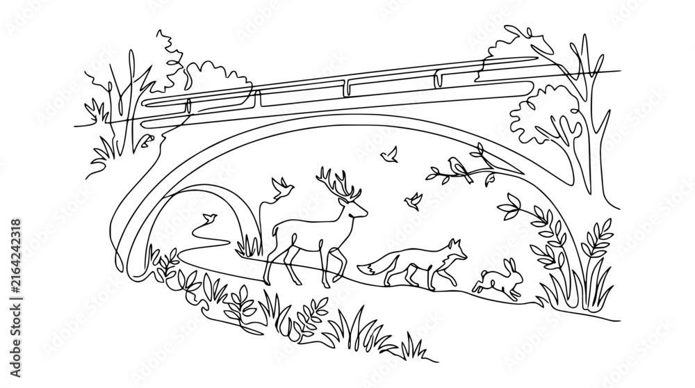 Obraz premium Continuous Line Art: Deer, Fox, Rabbit, Birds Under Bridge, Nature Scene