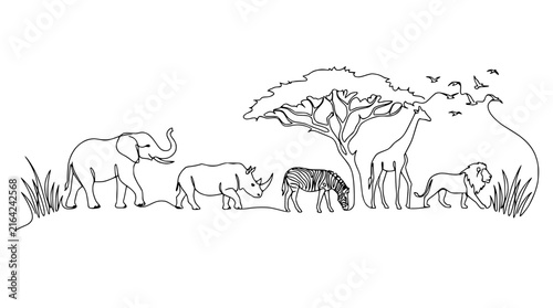 African Wildlife Line Art: Elephant, Rhino, Zebra, Giraffe, Lion, Silhouette