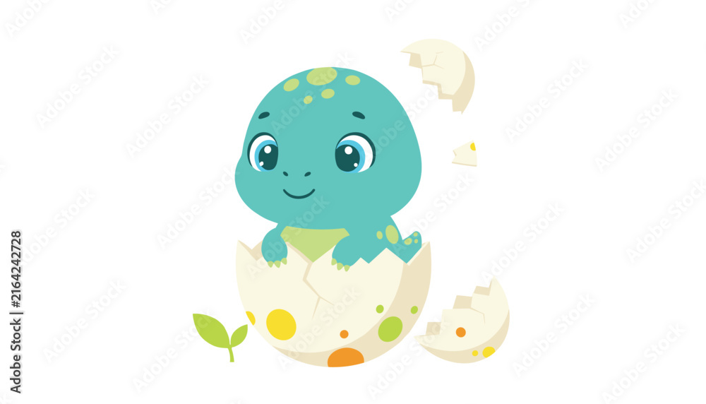 Obraz premium Adorable cartoon baby dinosaur hatching from a spotted eggshell isolated on a plain white background with a green sprout.