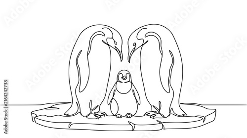 Family of penguins drawn in continuous line art style, isolated on white