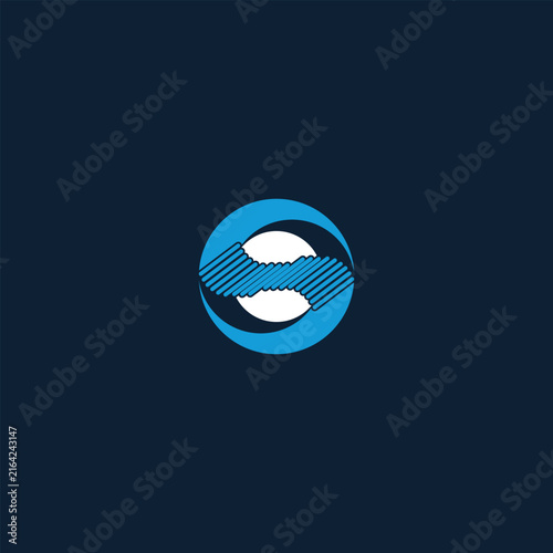 Abstract circular logo featuring flowing white shapes and blue striped elements, symbolizing movement, connection, balance, communication, and fluidity. Clean geometric construction