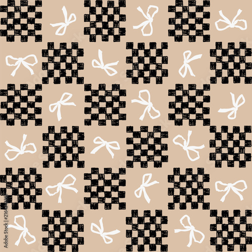 Random placed, vector ribbons and grid retro aop, all over surface print on beige background. Cute hand drawn bows with scribbled check seamless repeat pattern.