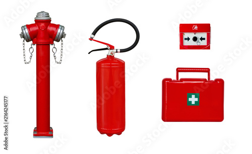Fotografía Fire safety equipment set with hydrant, extinguisher, alarm button and first aid