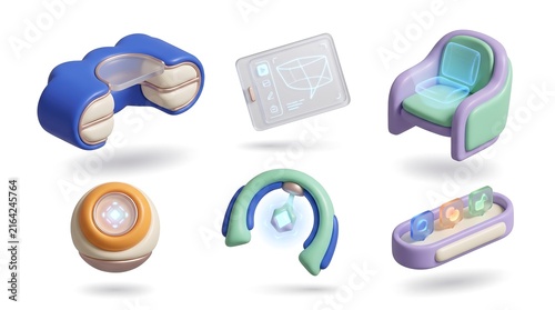 3D futuristic ergonomic office gadgets and smart tech accessories for modern workspaces