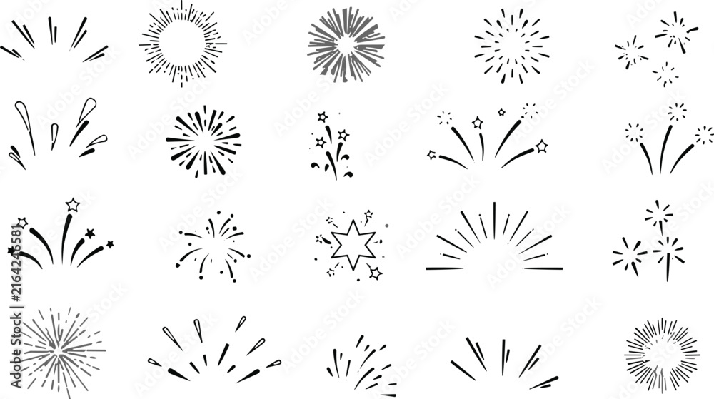 Obraz premium Burst of Sparkle: A collection of hand-drawn decorative graphic elements, including starbursts, sunbursts, and firework bursts, designed to add a dynamic and celebratory flair to any project.