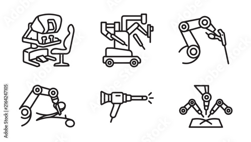Set of surgical robot and medical robotics technology vector line icons with technology equipment advanced operation surgical collection illustration monochrome instrument healthcare
