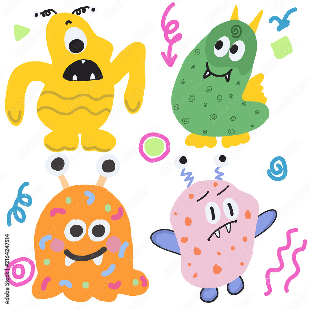 Fototapeta premium A playful set of four hand-drawn kawaii monster characters with expressive faces and whimsical doodle accents, perfect for children's products, stickers, party supplies, and playful branding.