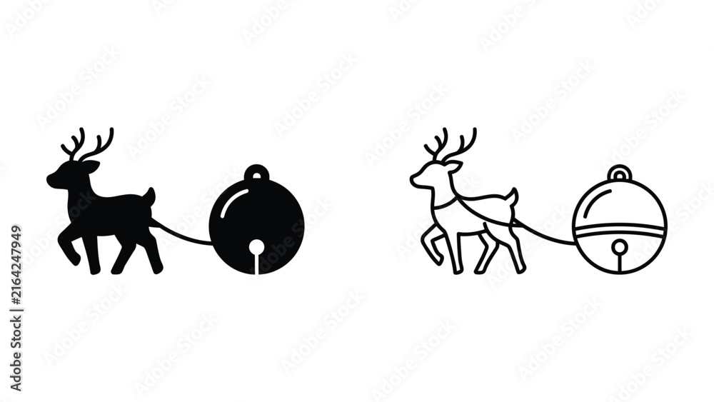Fototapeta premium Reindeer and Bell Icon Set: A minimalist collection featuring a reindeer pulling a decorative bell, presented in both solid silhouette and line art styles, perfect for festive holiday designs.