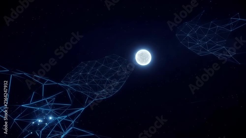 Abstract blue light beams create a dynamic tunnel effect, leading towards a bright moon in a starry night sky, showcasing a futuristic visual experience