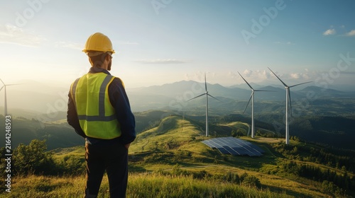 Engineer overseeing renewable energy installation with wind turbines and solar panels on a scenic landscape