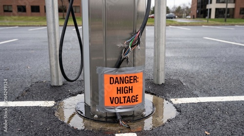 Damaged electric vehicle charging station with exposed wires with indicating high voltage danger sign indicating situated wet parking warning sign parking lot infrastructure
