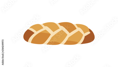 Braided challah bread loaf with golden crust isolated on white background, perfect for bakery shop or religious holiday themes.