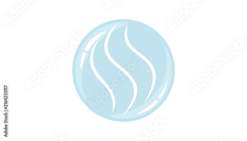 Translucent blue glass marble with white wavy swirls inside, isolated on white background for games and childhood nostalgia concepts.