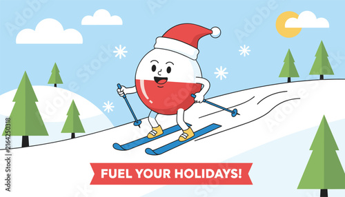 Jolly round mascot wearing a Santa hat skiing down a snowy slope with green pine trees, featuring a festive holiday message banner.