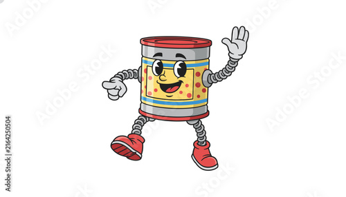 Friendly retro cartoon soup can character with metallic spring arms and legs waving hello on white background.