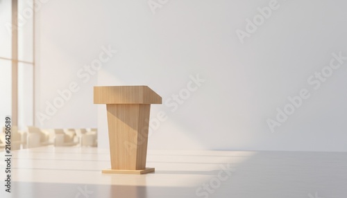Wooden podium standing in empty bright conference room