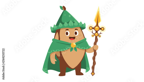 Cute almond wizard character wearing a green pointed hat and matching cape, holding a magical wooden staff with golden crystals.